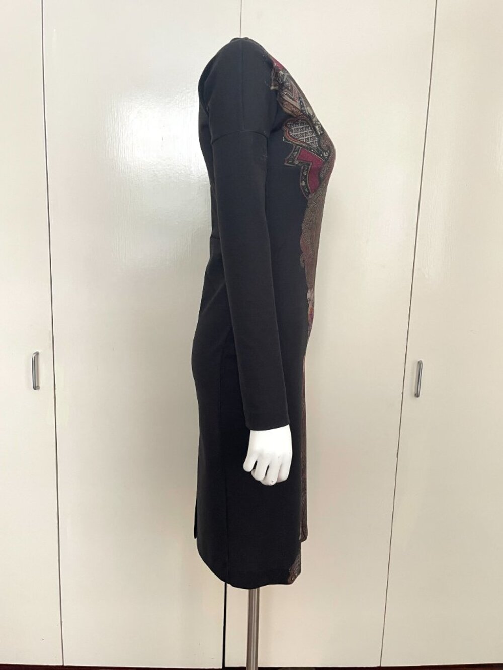 ETRO stretchy wool  black & burgundy Long Sleeve cone Dress IT 42 US 4/6 - Picture 8 of 17